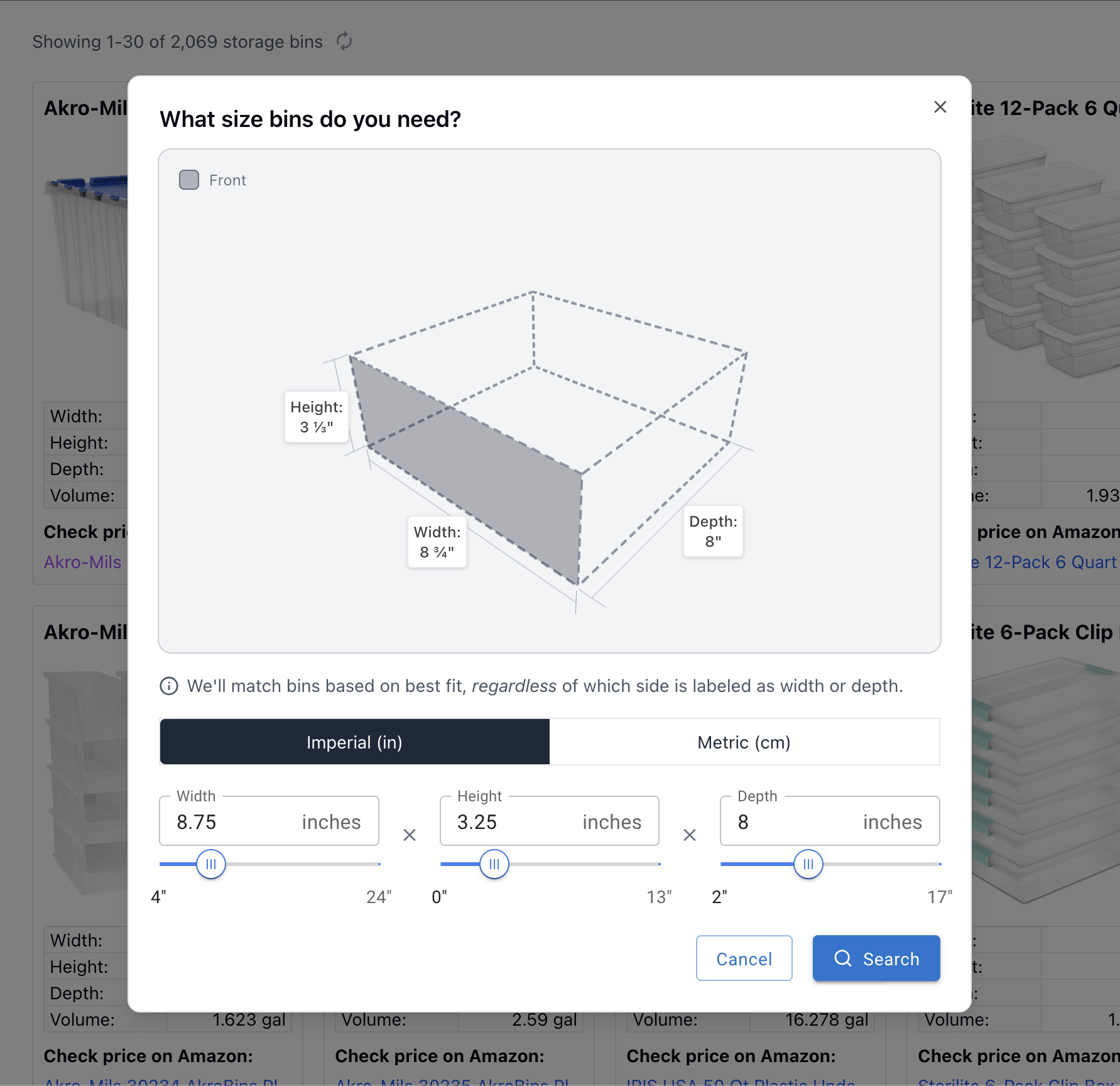 BinSizes 3D Search Tool